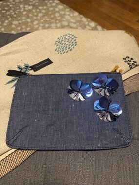 Banana Republic Navy Denim Pouch with Blue Sequin Flowers